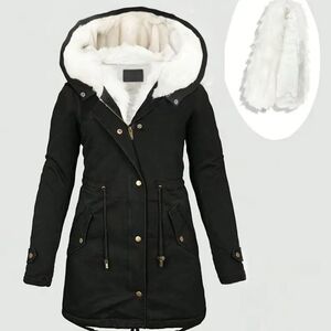 Black Parka Coat with White Faux Fur Lining/ Removeable Faux Fur Cover For Hood.